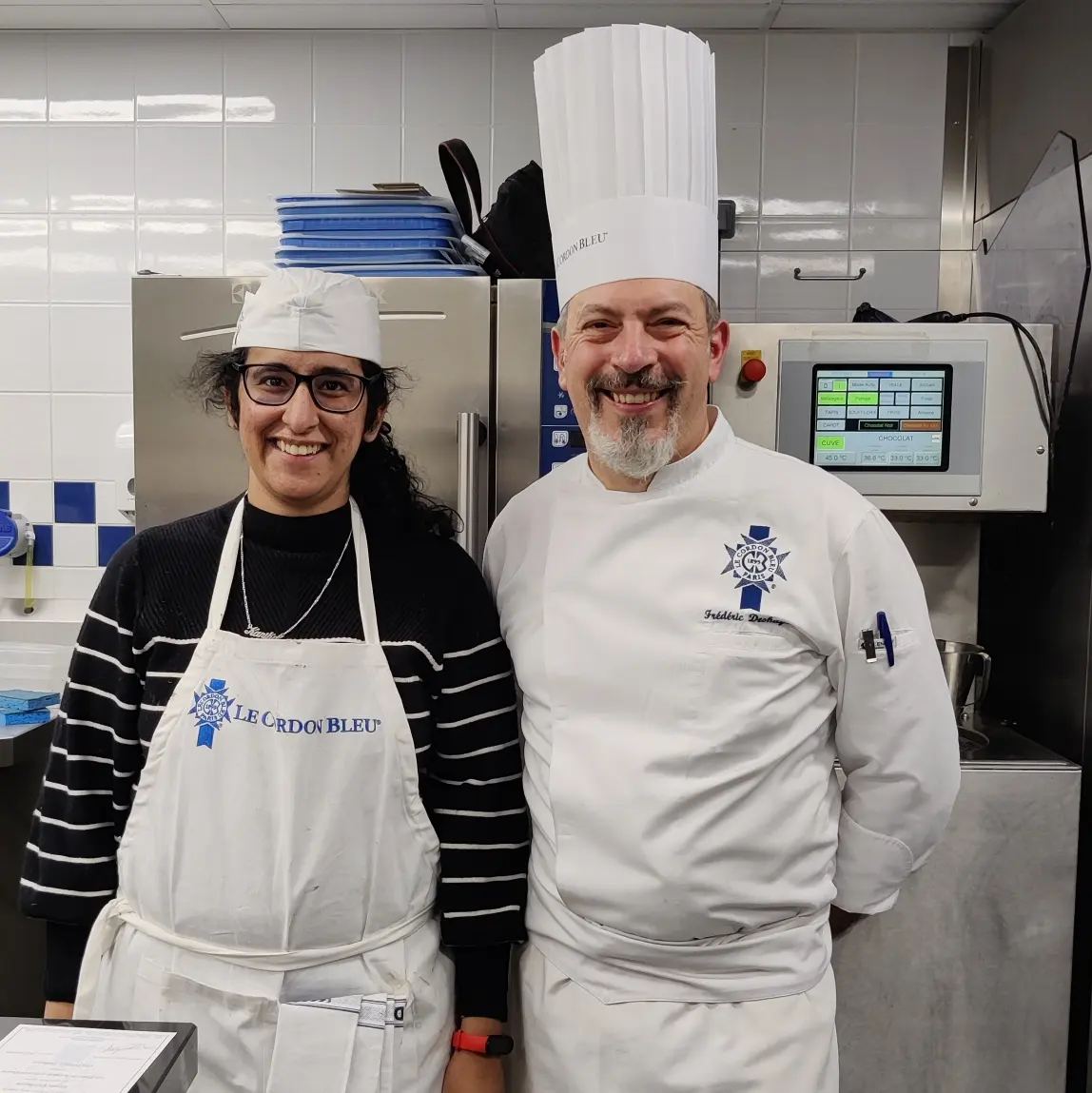 Bulbul with her chocolate-making instructor at Le Cordon Bleu